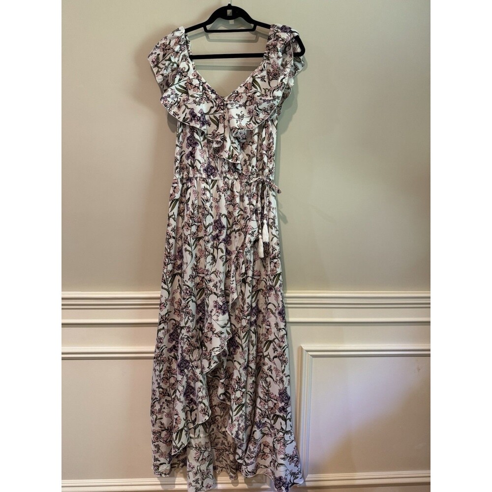 Indulge Womens L Floral Maxi Dress V-Neck Sleeveless Tie Waist Chiffon Long